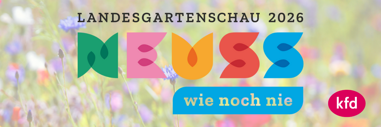 Logo der Landesgartenschau 2026 in Neuss vor Blumenwiese